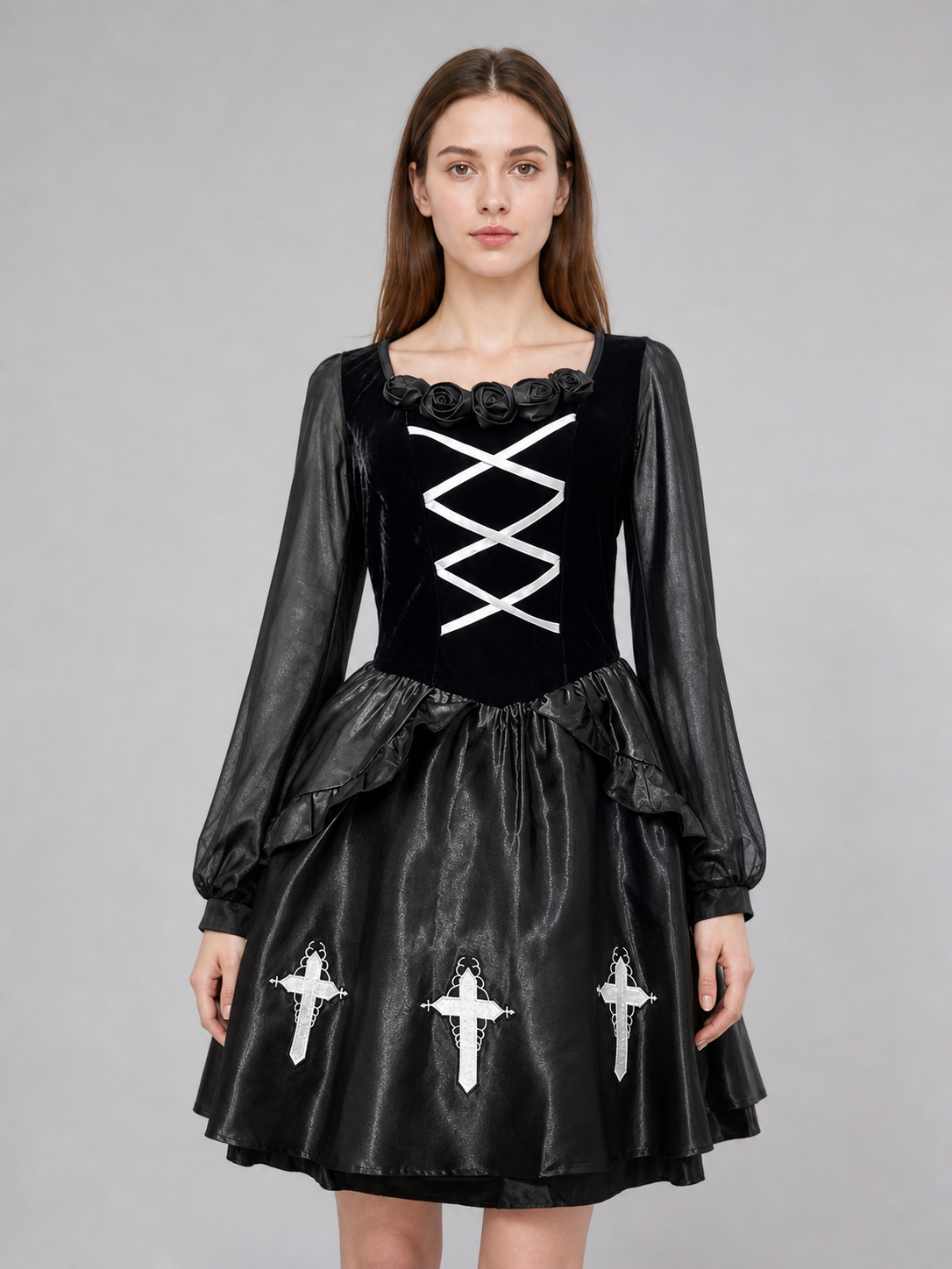 Gothic Dress with Gloves, Collar, and Headband