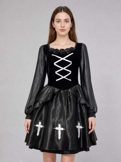Gothic Dress with Gloves, Collar, and Headband