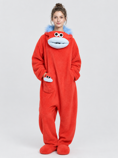 Red Home Jumpsuit Pajama with a Puffy Face