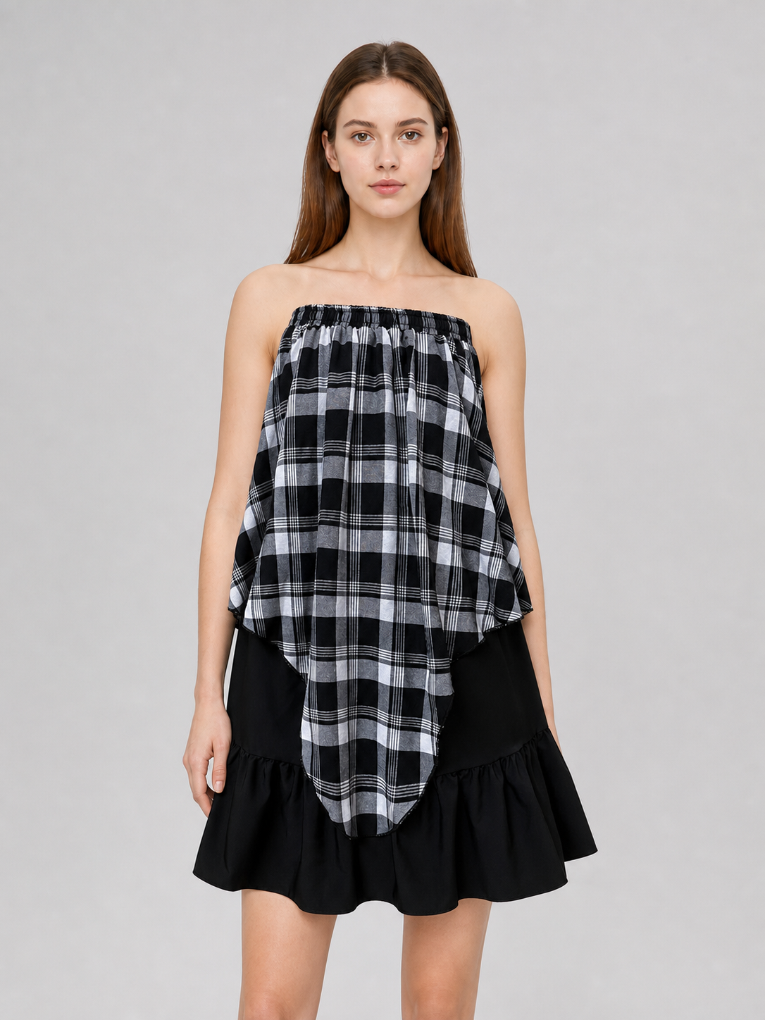 Layered Plaid Skirt with Asymmetrical Draping