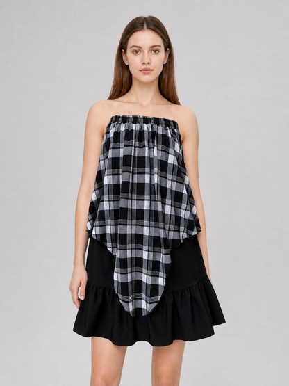 Layered Plaid Skirt with Asymmetrical Draping