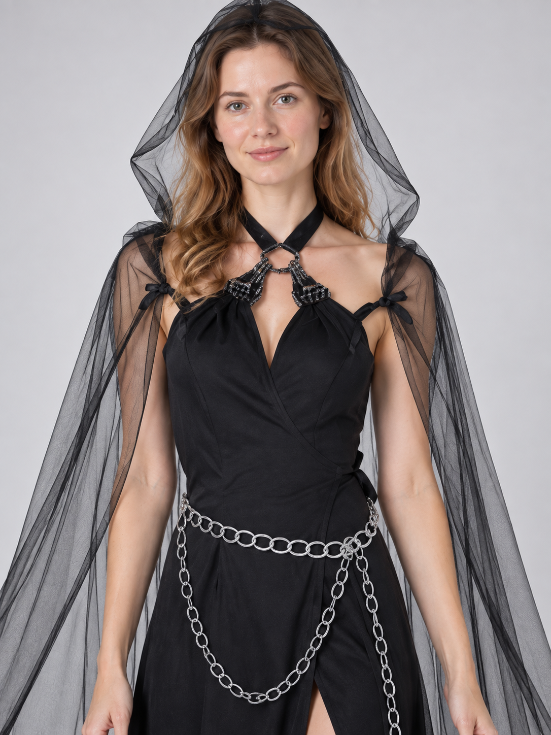 Long Black Carnival Dress with Cape and Chain