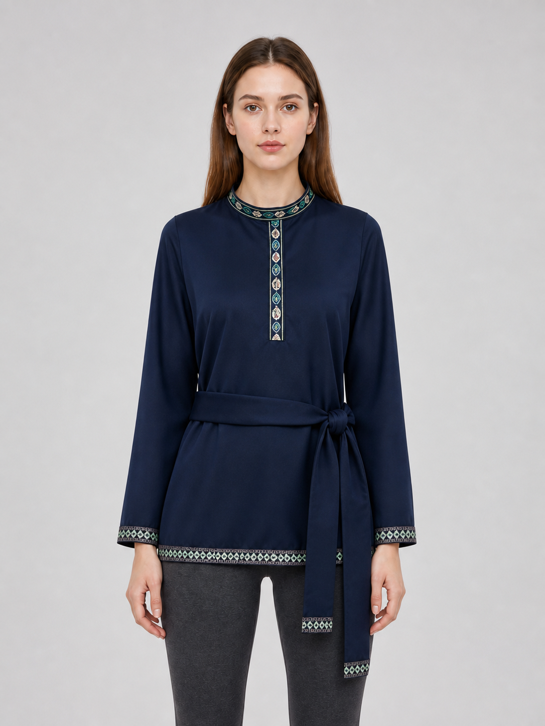 Dark Navy Tunic with Stand Collar and Belt