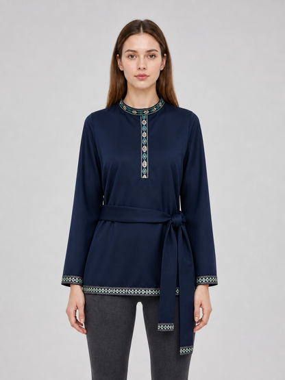 Dark Navy Tunic with Stand Collar and Belt
