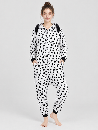 White pajama jumpsuit with black spots and ears