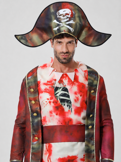 The set features a pirate-style design and includes a one-piece costume with long sleeves and pants, a wide-brim pirate hat, and a black curved blade-shaped accessory. The design combines brown, white, red, and black colors. The front featu