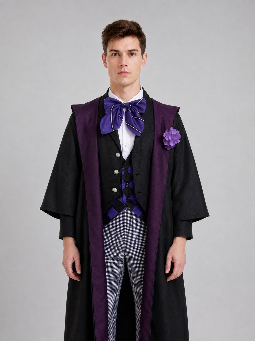 The set is styled after the character Gregory Violet and includes a jacket, vest, shirt, pants, bow tie, and lapel brooch. The look is built around layering: a black vest and black jacket are worn over a white shirt, complemented by an uppe