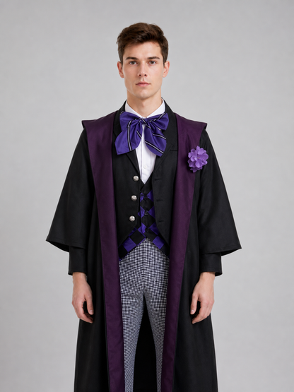 The set is styled after the character Gregory Violet and includes a jacket, vest, shirt, pants, bow tie, and lapel brooch. The look is built around layering: a black vest and black jacket are worn over a white shirt, complemented by an uppe