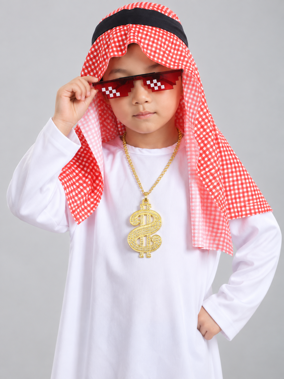 Kids' Costume with Plaid Headscarf and Glasses