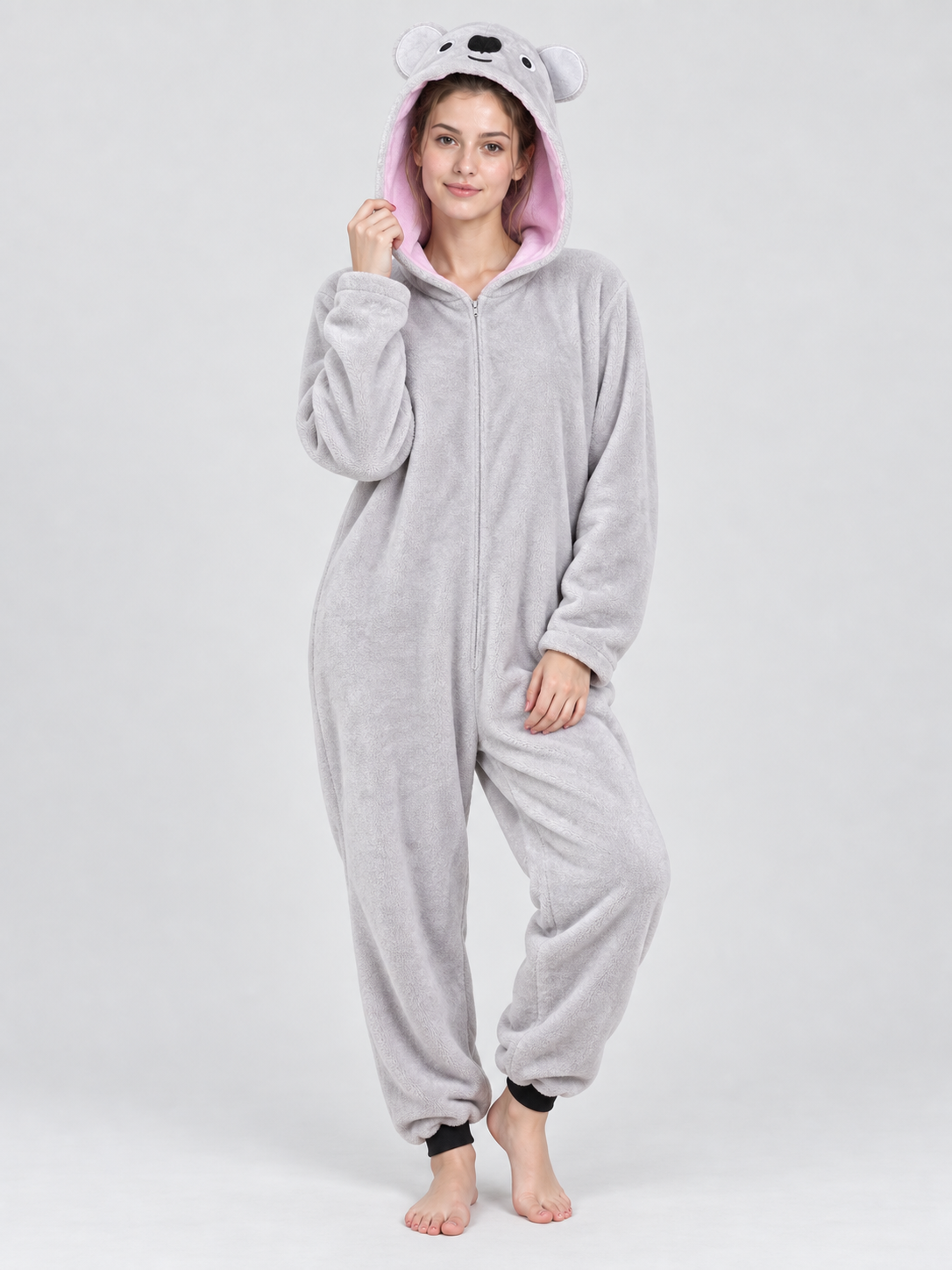 Gray fleece hooded pajama jumpsuit with ears