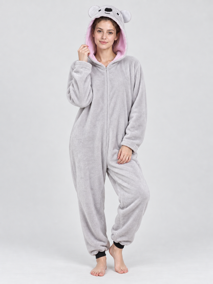 Gray fleece hooded pajama jumpsuit with ears