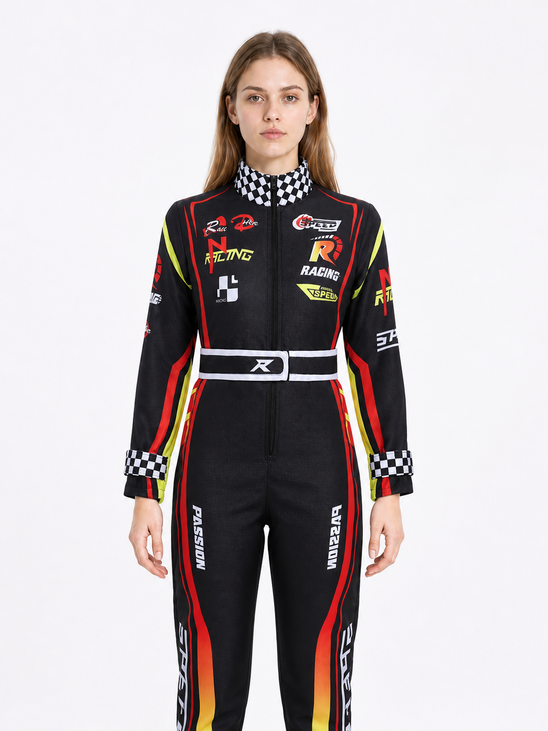 Racing Jumpsuit with Belt and Checkered Print
