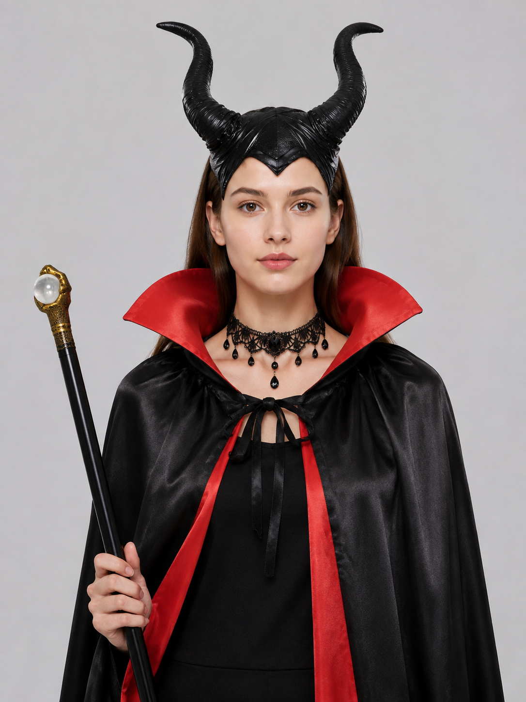 Carnival Costume with Black Cape, Horns, and Staff Costume Capes detail 2