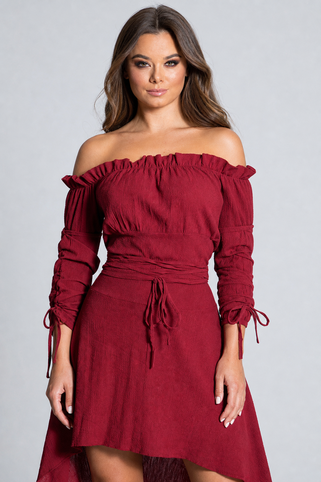 Burgundy Asymmetrical Off-the-Shoulder Dress