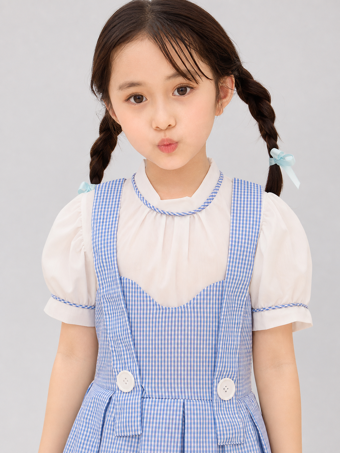 Cosplay Dress with Apron, White-and-Blue Check Pattern
