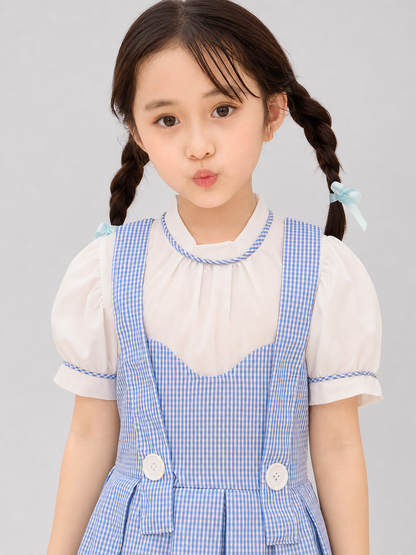 Cosplay Dress with Apron, White-and-Blue Check Pattern
