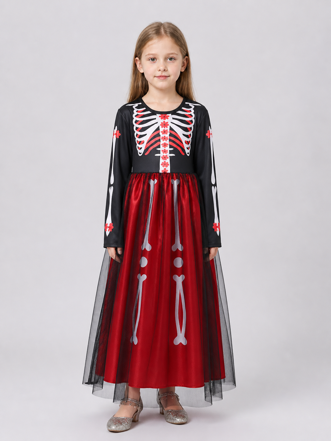 Halloween Skeleton with Roses Black and Red Dress Costume Dresses detail 2