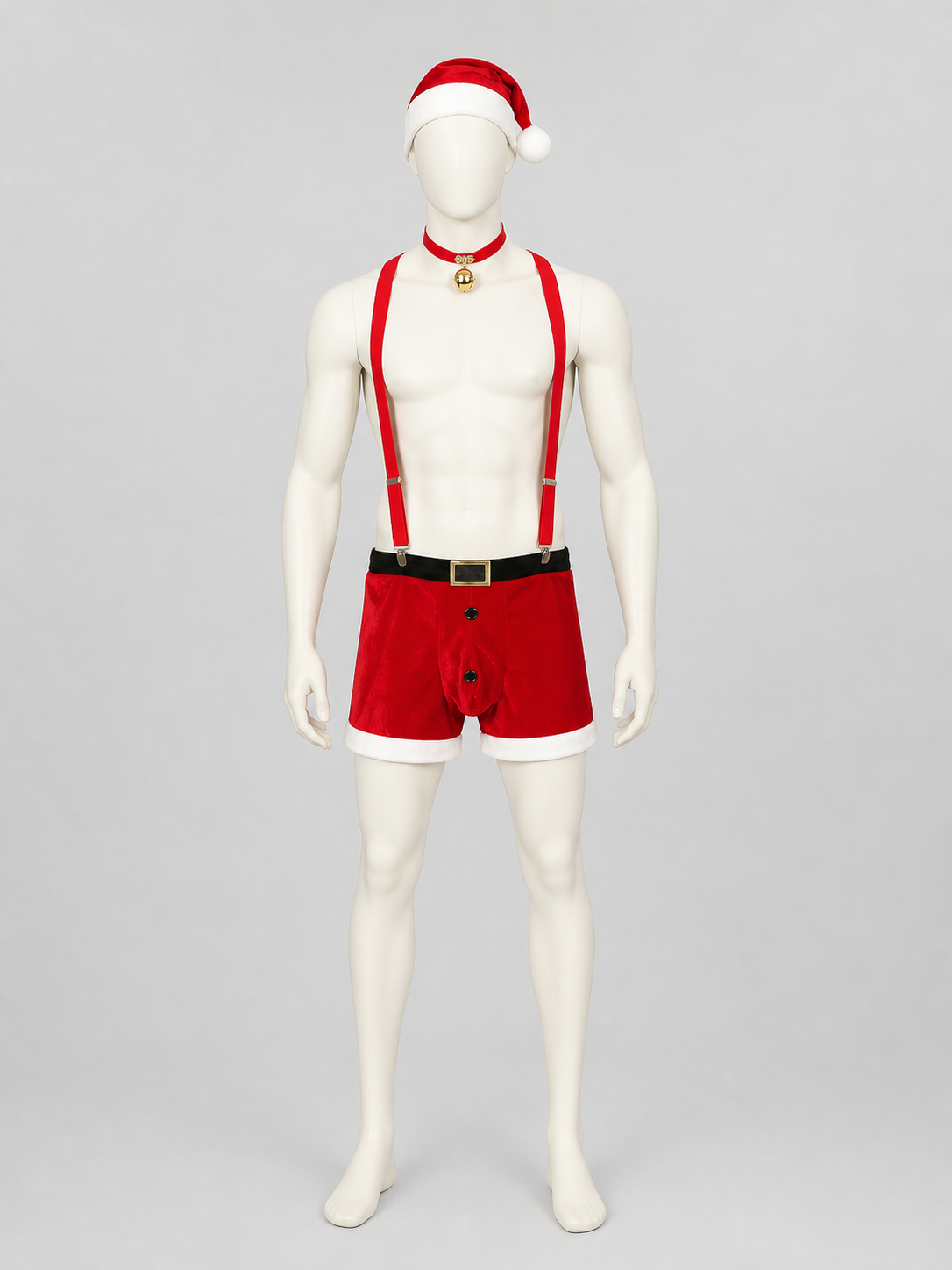 Red and White Christmas Santa Costume Set with Shorts, Suspenders, Hat, Belt front view