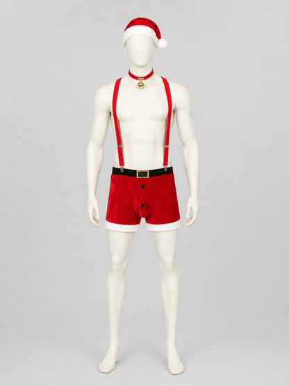 Red and White Christmas Santa Costume Set with Shorts, Suspenders, Hat, Belt front view