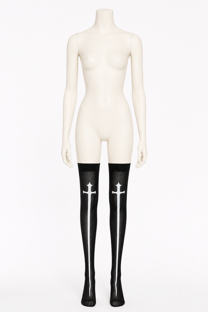 Long Black Knee-High Socks with White Cross, Pair product detail 3