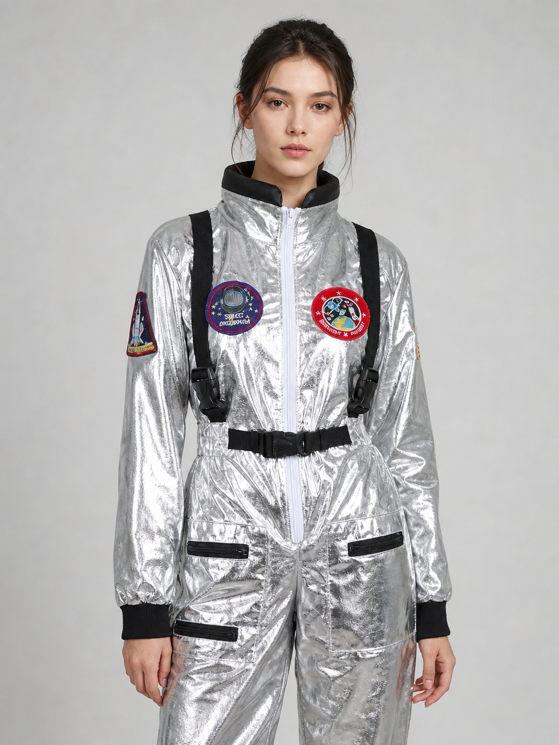 Silver astronaut costume with pockets and emblems