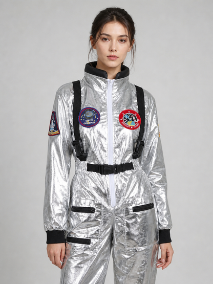 Silver astronaut costume with pockets and emblems