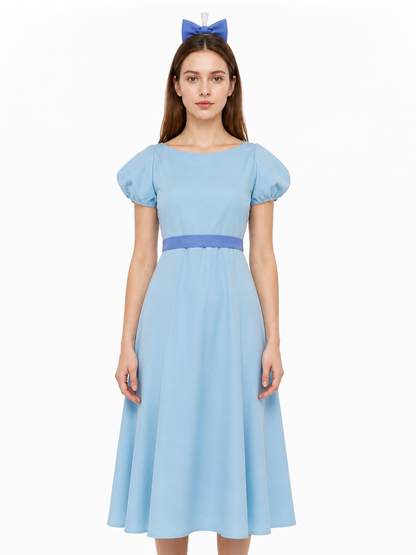 Long Light Blue Dress with Belt and Ties Costume Dresses detail 2