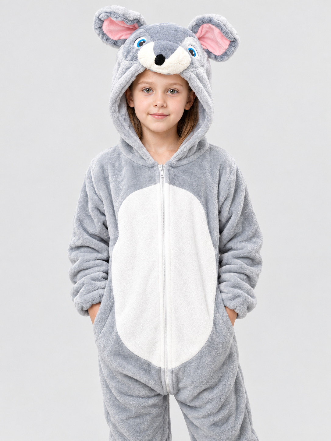 Gray Insulated Hooded Pajama Jumpsuit with Animal Face