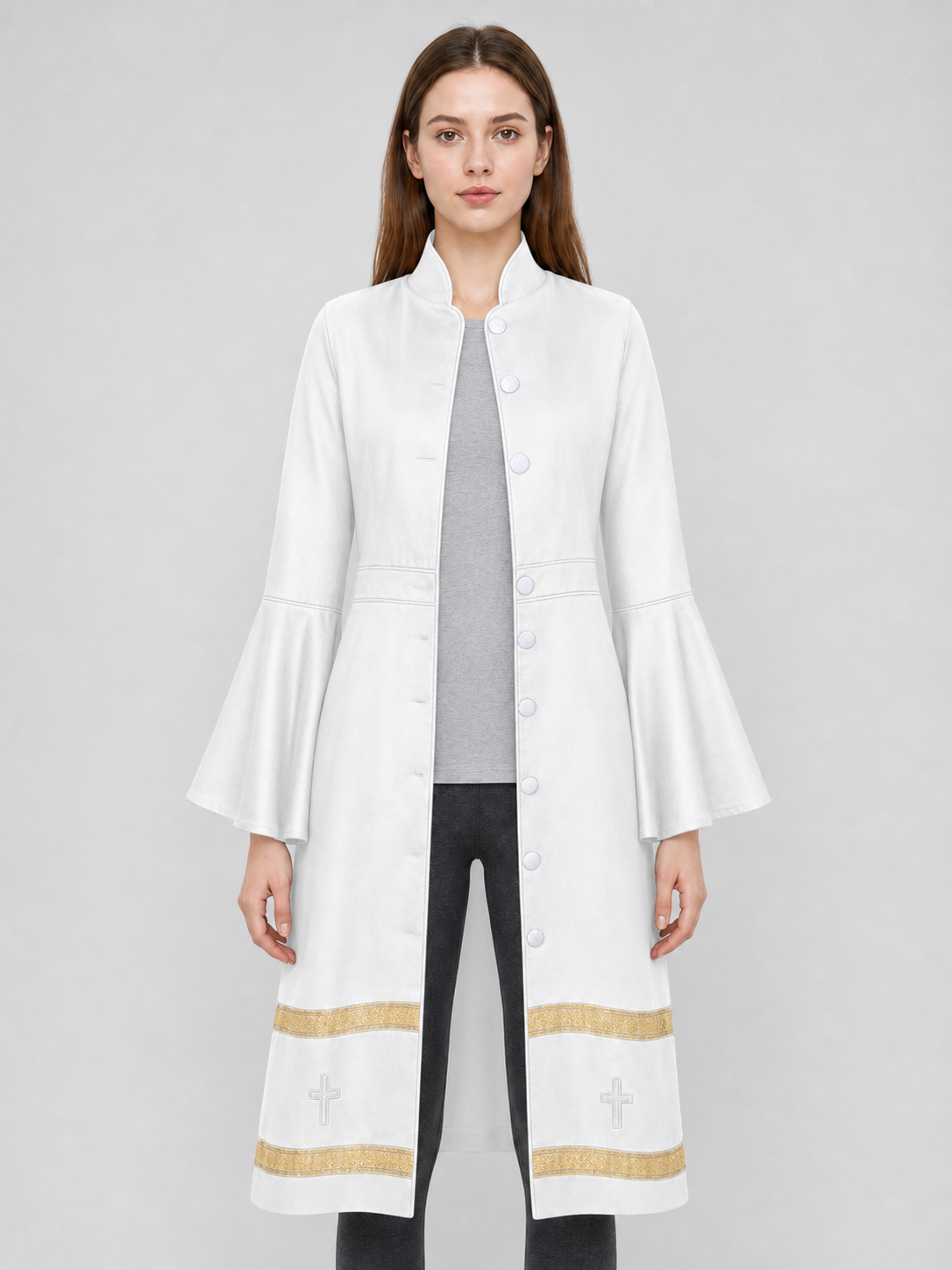 Long clergy robe with collar, buttons, and trim upper body view