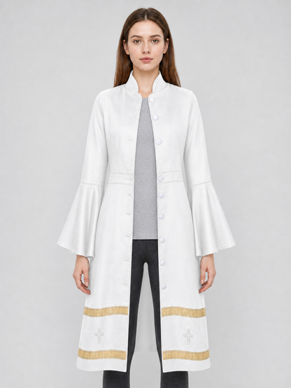 Long clergy robe with collar, buttons, and trim upper body view