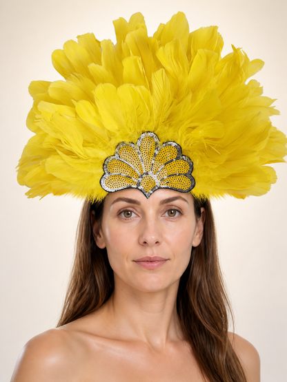 Carnival Headpiece with Yellow Feathers and Sequins Costume Headwear detail 2