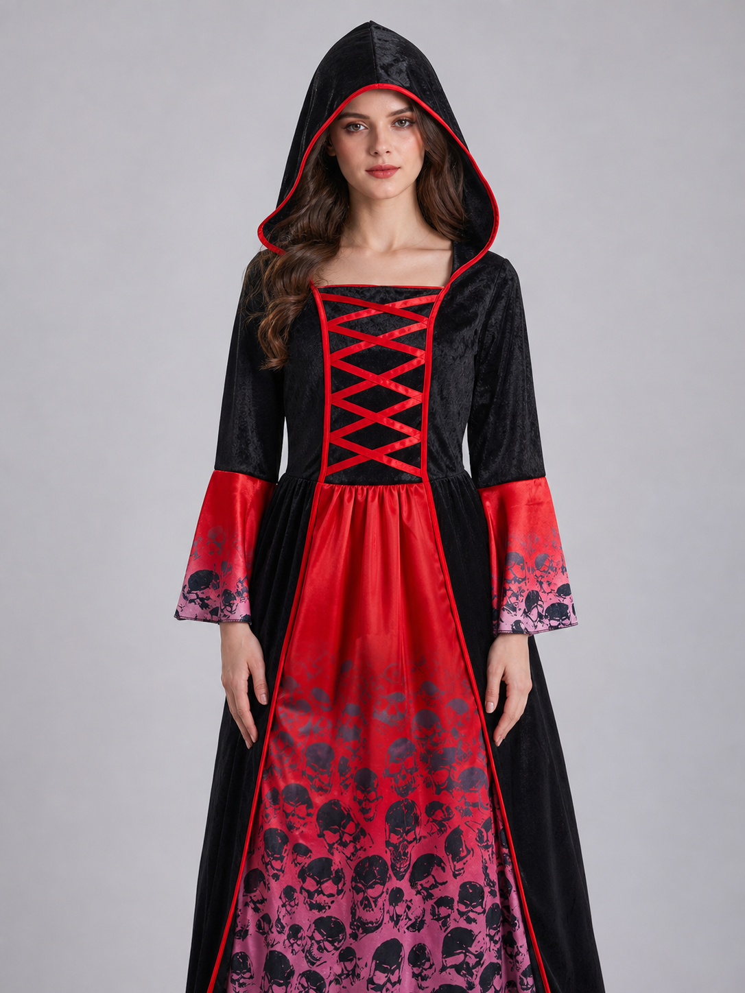 Gothic Hooded Dress with Skulls