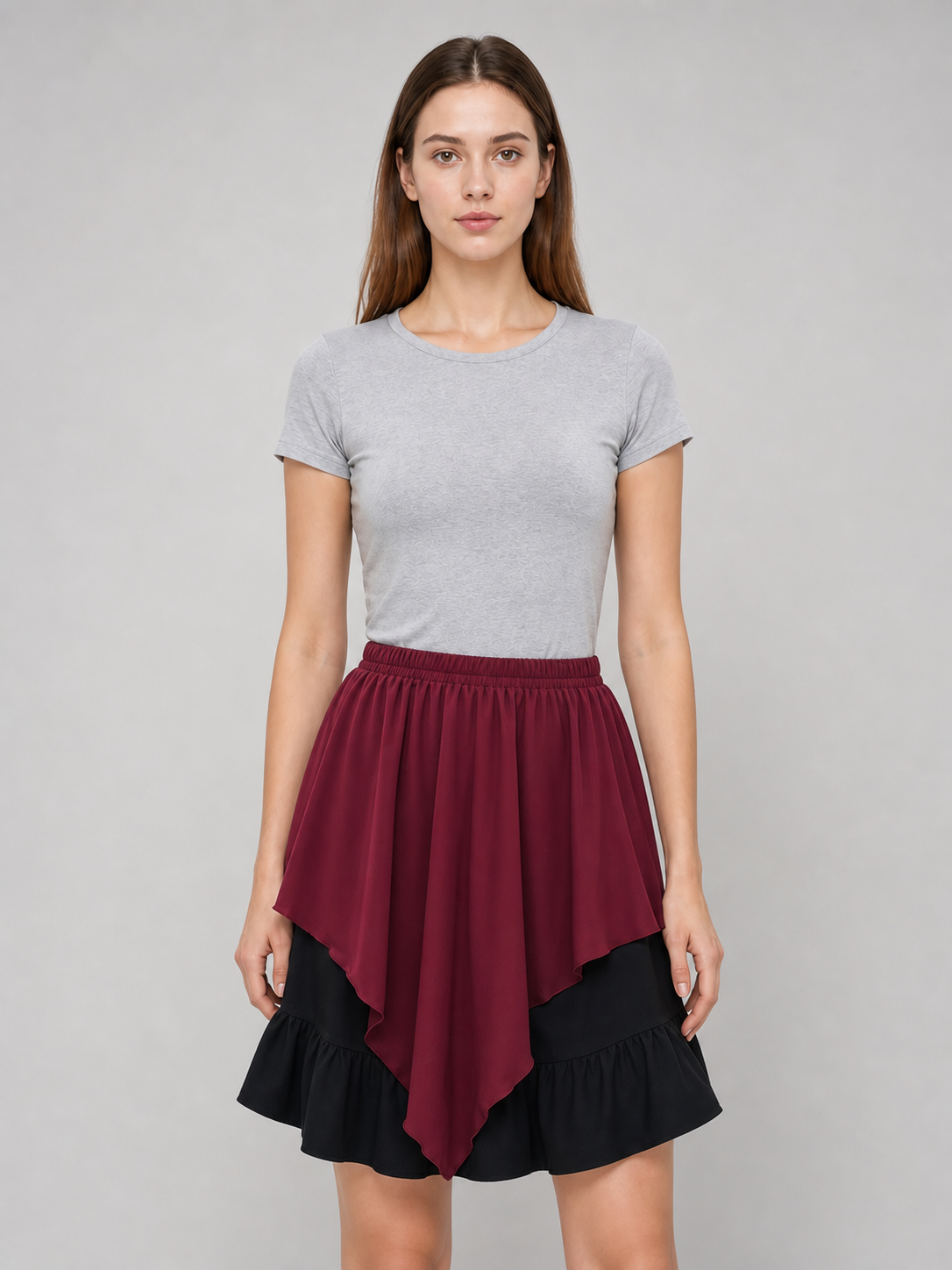 Multi-Tiered Burgundy-Black Skirt with an Asymmetrical Hem