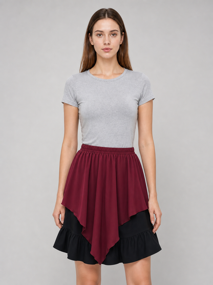 Multi-Tiered Burgundy-Black Skirt with an Asymmetrical Hem