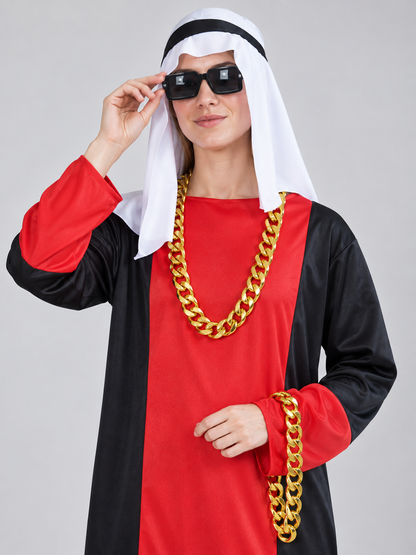 Red and black carnival costume with headpiece and chain