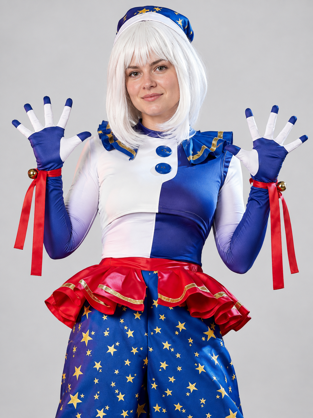 White and Blue Clown Costume with Gold Stars for Cosplay