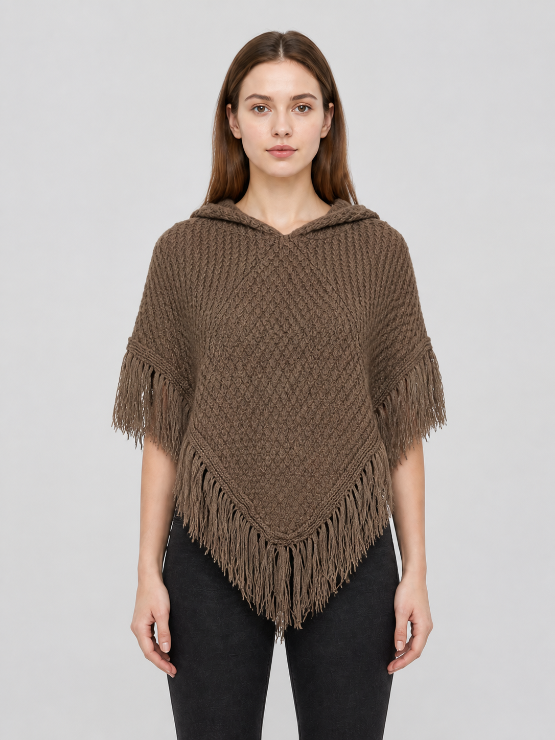 Triangle Hooded Cape with Fringe, Brown Costume Capes detail 3