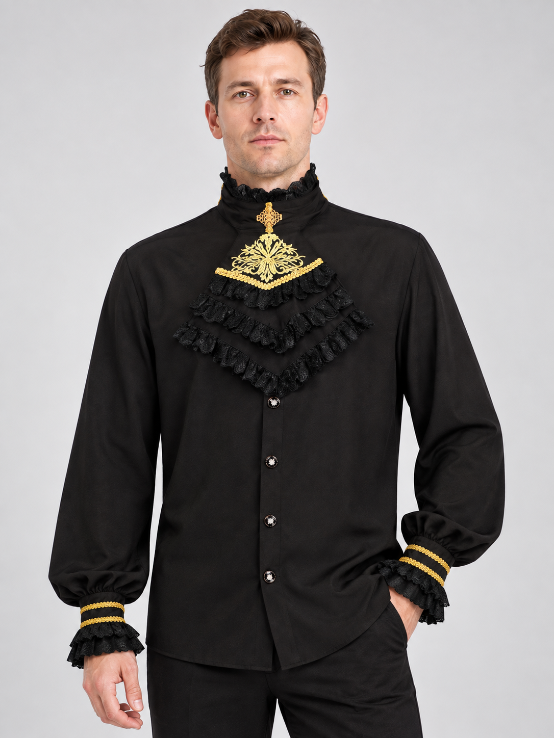 Black long-sleeved shirt with a jabot and gold trim