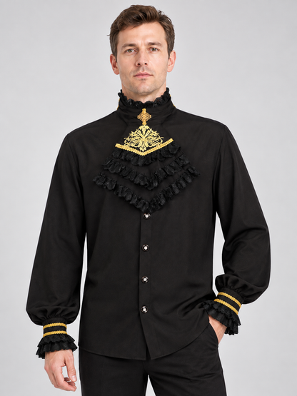 Black long-sleeved shirt with a jabot and gold trim