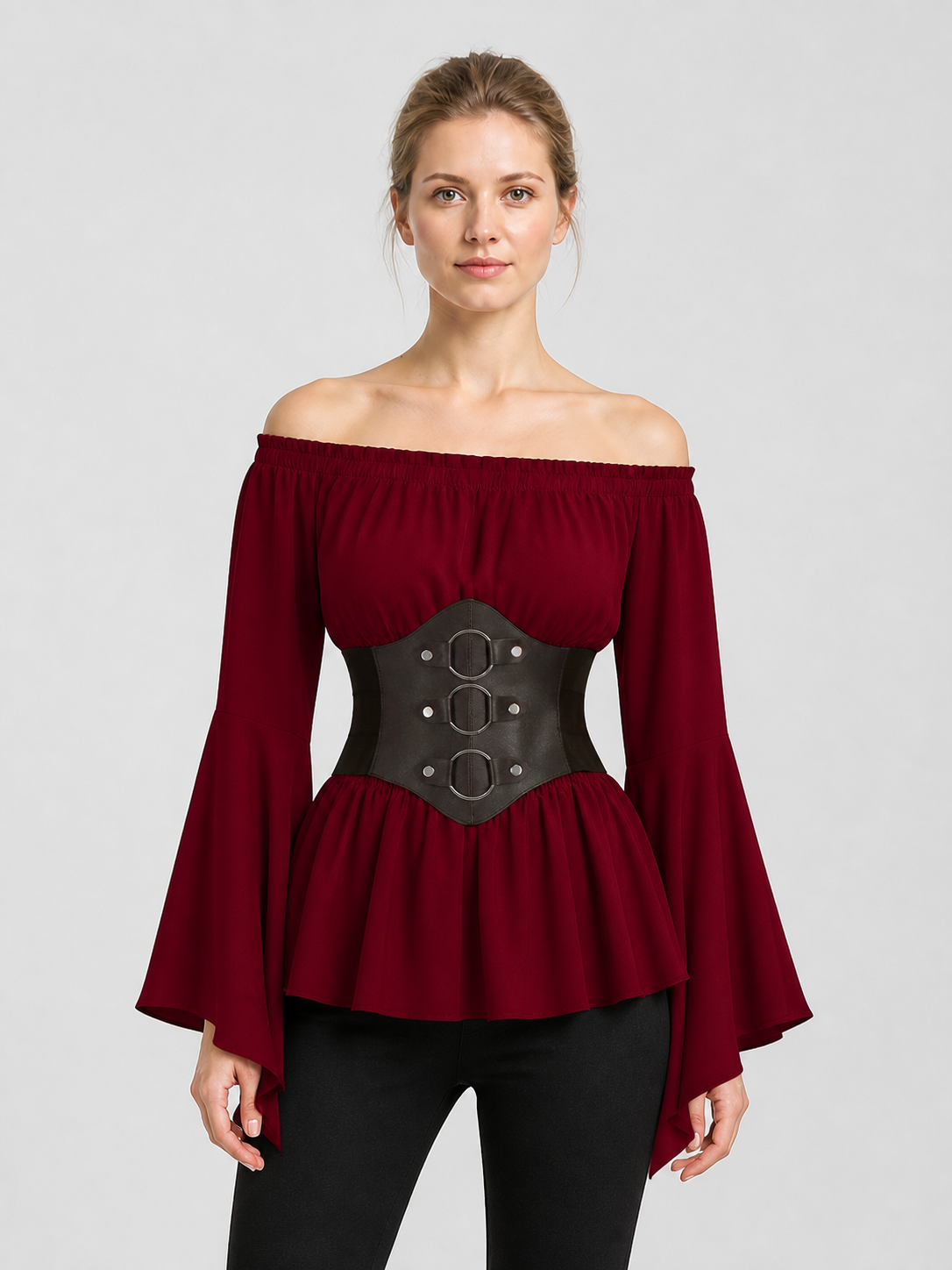 Burgundy Blouse with Black Belt, Pirate Cosplay Costumes detail 3