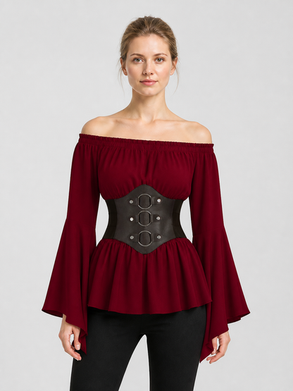 Burgundy Blouse with Black Belt, Pirate Cosplay Costumes detail 3
