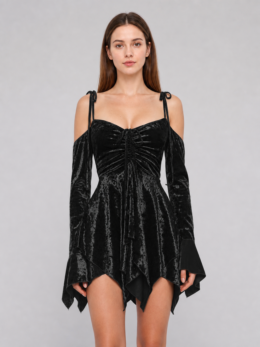 Black Mini Dress with an Asymmetrical Hem and Sleeves