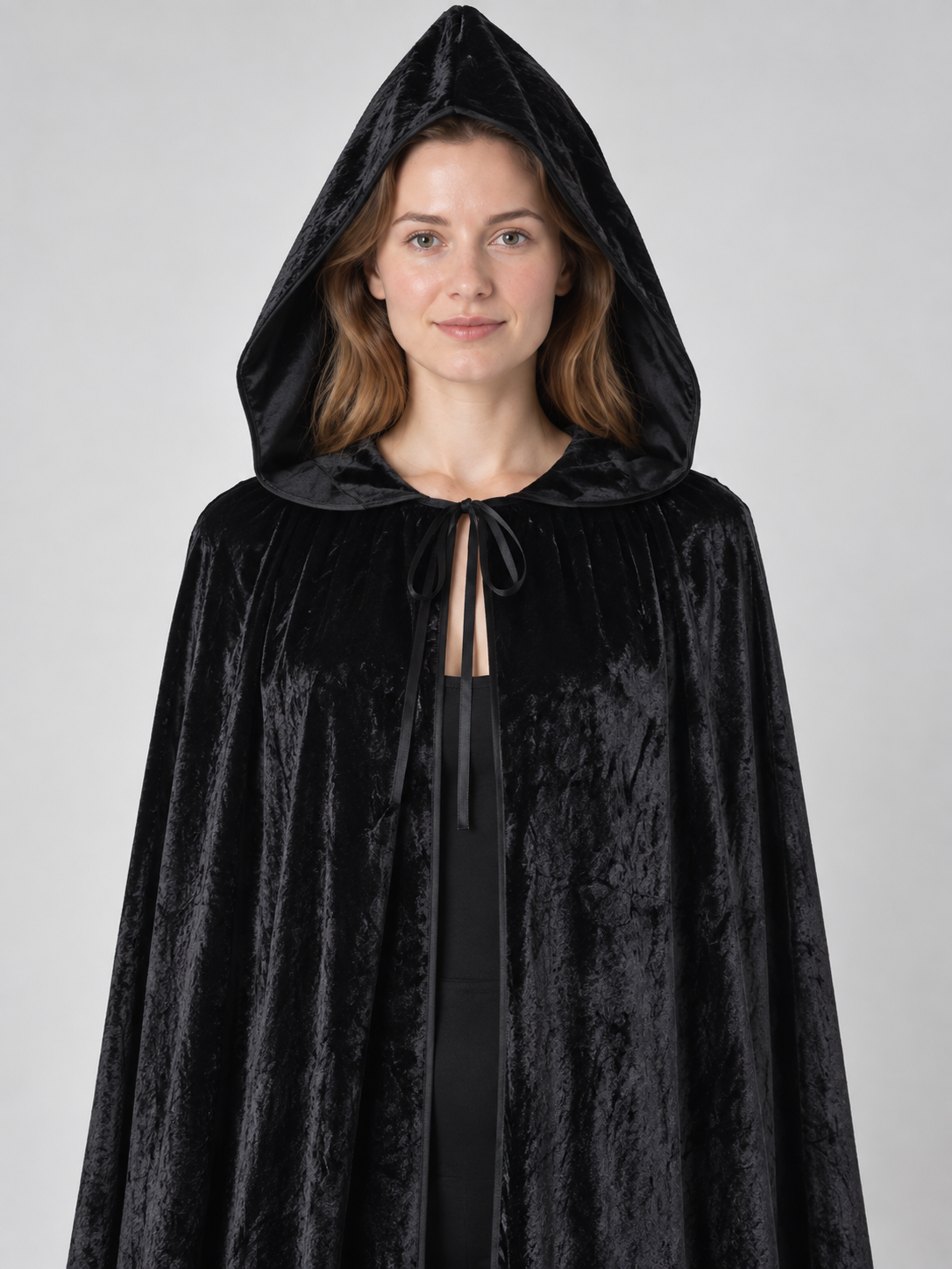 Long black hooded cloak cape made of thick velvet