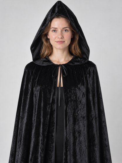 Long black hooded cloak cape made of thick velvet