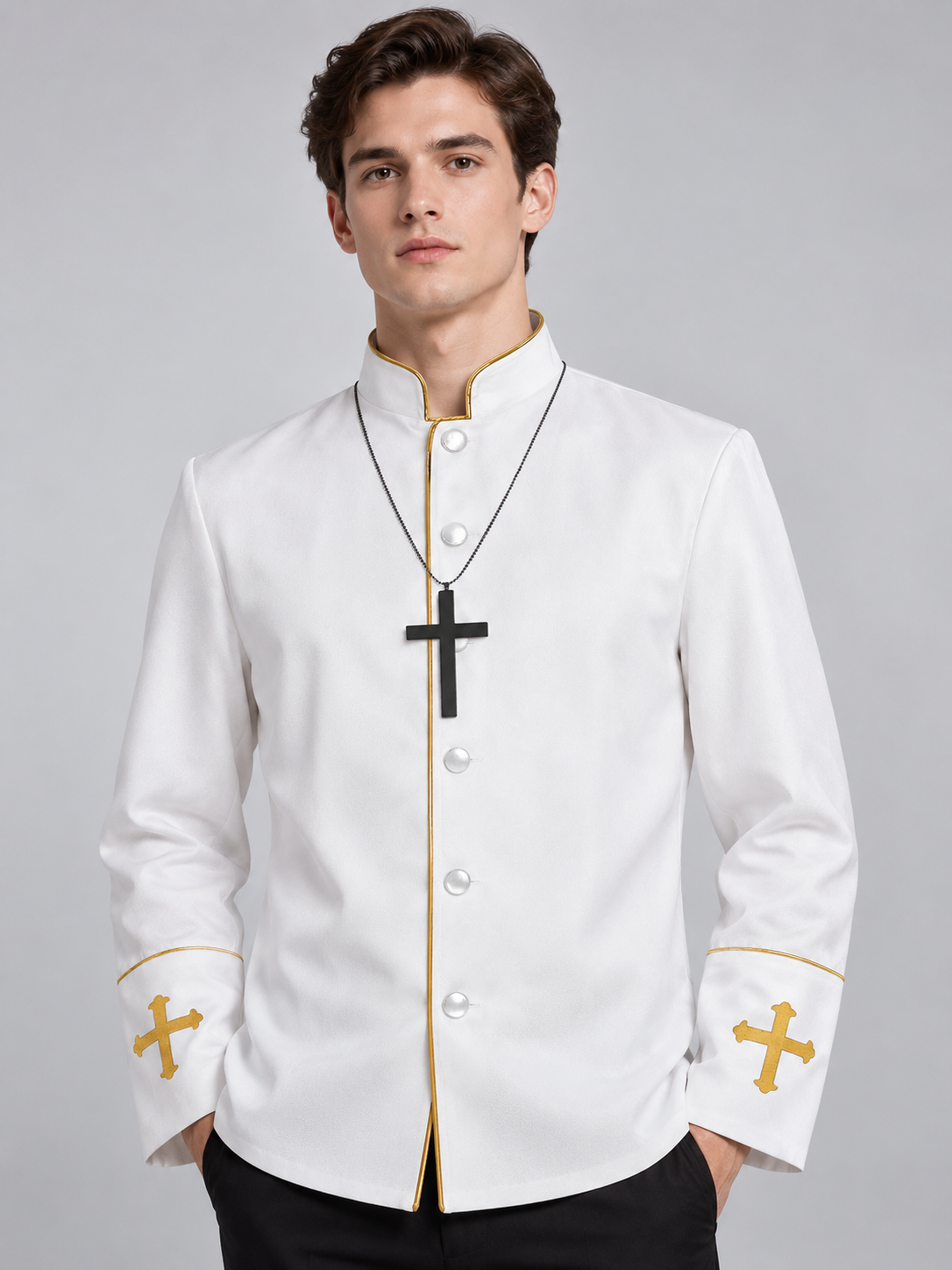 White Priest Costume with Embroidered Crosses