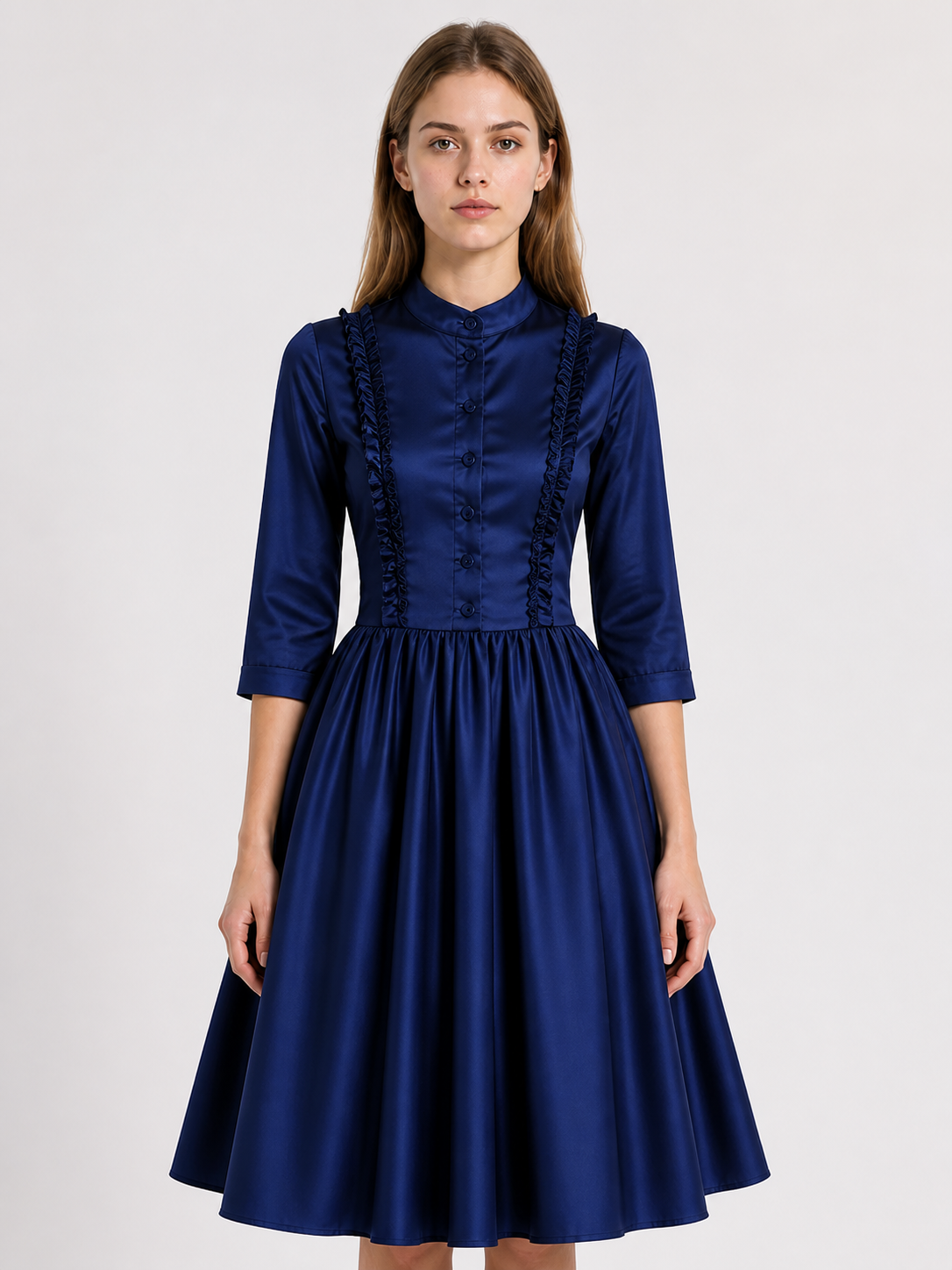 Vintage Blue Dress with High Collar and Buttons Costume Dresses detail 2