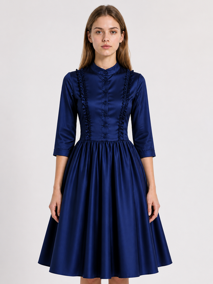 Vintage Blue Dress with High Collar and Buttons Costume Dresses detail 2