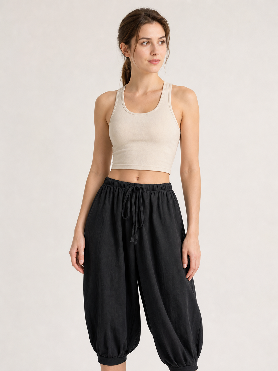 Black cropped drawstring harem pants product view 21