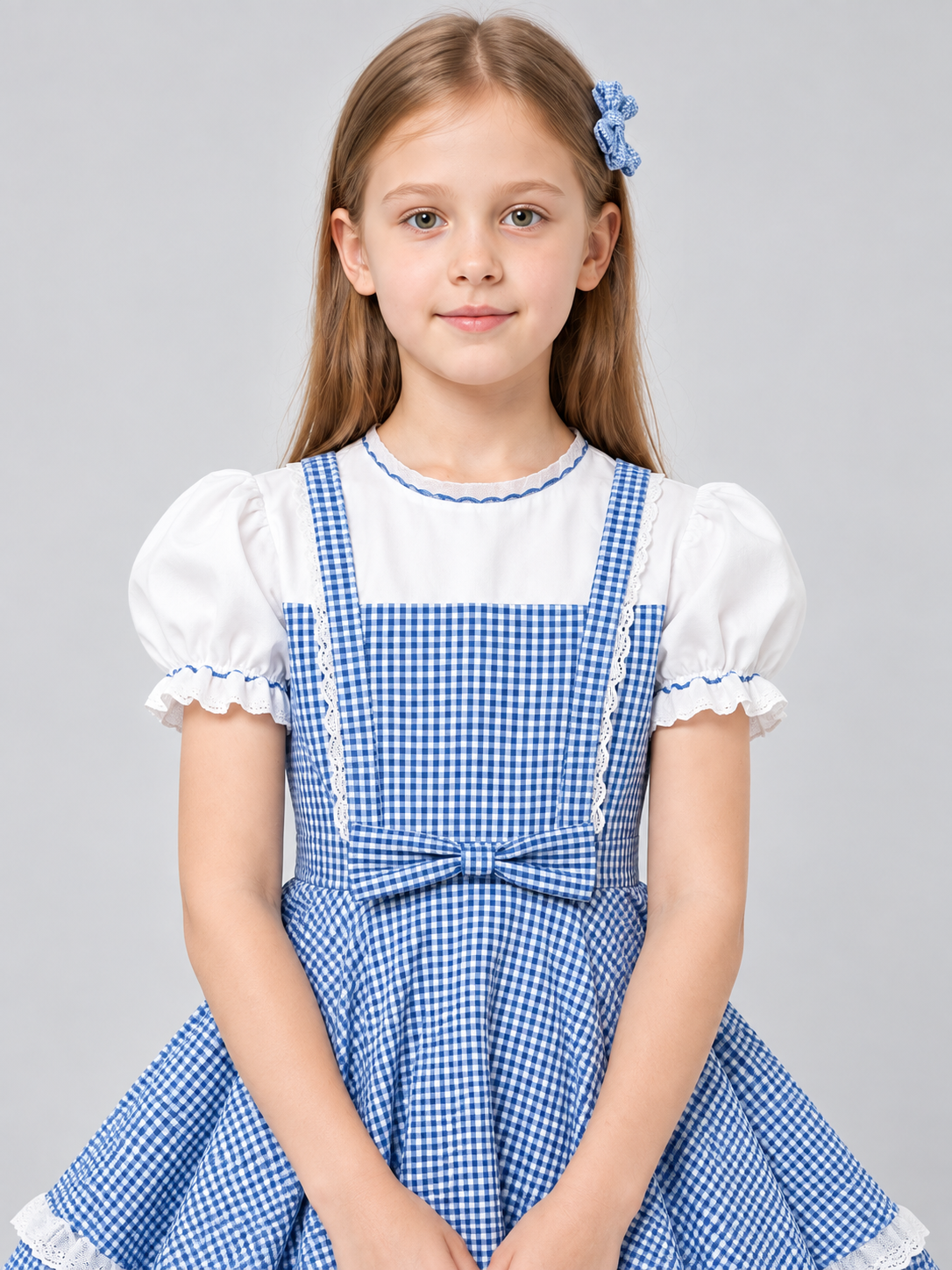 Blue and White Plaid Cosplay Dress with Bow and Headband