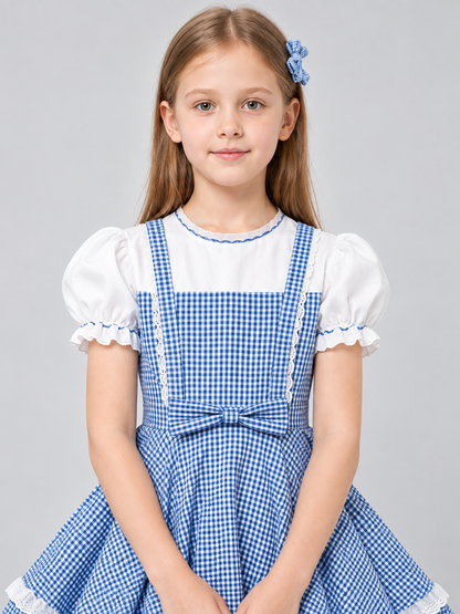 Blue and White Plaid Cosplay Dress with Bow and Headband
